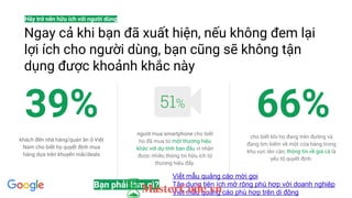 khách đến nhà hàng/quán ăn ở Việt
Nam cho biết họ quyết định mua
hàng dựa trên khuyến mãi/deals
người mua smartphone cho biết
họ đã mua từ một thương hiệu
khác với dự tính ban đầu vì nhận
được nhiều thông tin hữu ích từ
thương hiệu đấy.
cho biết khi họ đang trên đường và
đang tìm kiếm về một cửa hàng trong
khu vực lân cận, thông tin về giá cả là
yếu tố quyết định.
Ngay cả khi bạn đã xuất hiện, nếu không đem lại
lợi ích cho người dùng, bạn cũng sẽ không tận
dụng được khoảnh khắc này
Hãy trở nên hữu ích với người dùng
39% 66%
Bạn phải làm gì?
Viết mẫu quảng cáo mời gọi
Tận dụng tiện ích mở rộng phù hợp với doanh nghiệp
Viết mẫu quảng cáo phù hợp trên di động
 