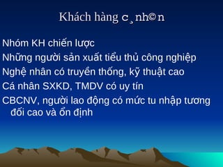 Khách hàng c¸nh© n
                         

Nhóm KH chiến lược
Những người sản xuất tiểu thủ công nghiệp
Nghệ nhân có truyền thống, kỹ thuật cao
Cá nhân SXKD, TMDV có uy tín
CBCNV, người lao động có mức tu nhập tương
 đối cao và ổn định
 