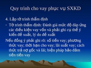 Quy trình cho vay phục vụ SXKD

4. Lập tờ trình thẩm định
- Tờ trình thẩm định: Đánh giá mức độ đáp ứng
  các điều kiện vay vốn và phải ghi cụ thể ý
  kiến đề xuất, lý do đề xuất
Nếu đồng ý phải ghi rõ: số tiền vay; phương
  thức vay; thời hạn cho vay; lãi suất vay; cách
  thức trả nợ gốc và lãi; biện pháp bảo đảm
  tiền tiền vay
 