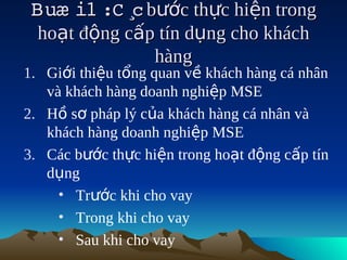 Buæ i1   ¸ bước thực hiện trong
       :C c
  hoạt động cấp tín dụng cho khách
               hàng
1. Giới thiệu tổng quan về khách hàng cá nhân
   và khách hàng doanh nghiệp MSE
2. Hồ sơ pháp lý của khách hàng cá nhân và
   khách hàng doanh nghiệp MSE
3. Các bước thực hiện trong hoạt động cấp tín
   dụng
     • Trước khi cho vay
     • Trong khi cho vay
     • Sau khi cho vay
 