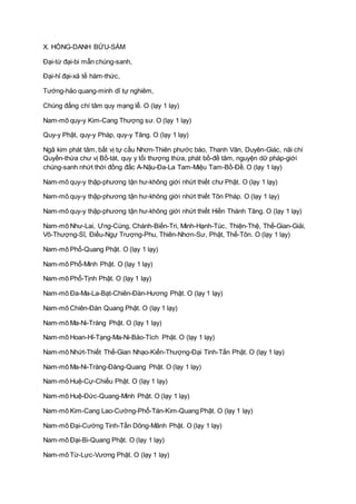 X. HỒNG-DANH BỬU-SÁM
Ðại-từ đại-bi mẫn chúng-sanh,
Ðại-hỉ đại-xả tế hàm-thức,
Tướng-hảo quang-minh dĩ tự nghiêm,
Chúng đẳng chí tâm quy mạng lễ. O (lạy 1 lạy)
Nam-mô quy-y Kim-Cang Thượng sư. O (lạy 1 lạy)
Quy-y Phật, quy-y Pháp, quy-y Tăng. O (lạy 1 lạy)
Ngã kim phát tâm, bất vị tự cầu Nhơn-Thiên phước báo, Thanh Văn, Duyên-Giác, nãi chí
Quyền-thừa chư vị Bồ-tát, quy y tối thượng thừa, phát bồ-đề tâm, nguyện dữ pháp-giới
chúng-sanh nhứt thời đồng đắc A-Nậu-Ða-La Tam-Miệu Tam-Bồ-Ðề. O (lạy 1 lạy)
Nam-mô quy-y thập-phương tận hư-không giới nhứt thiết chư Phật. O (lạy 1 lạy)
Nam-mô quy-y thập-phương tận hư-không giới nhứt thiết Tôn Pháp. O (lạy 1 lạy)
Nam-mô quy-y thập-phương tận hư-không giới nhứt thiết Hiền Thánh Tăng. O (lạy 1 lạy)
Nam-mô Như-Lai, Ưng-Cúng, Chánh-Biến-Tri, Minh-Hạnh-Túc, Thiện-Thệ, Thế-Gian-Giải,
Vô-Thượng-Sĩ, Ðiều-Ngự Trượng-Phu, Thiên-Nhơn-Sư, Phật, Thế-Tôn. O (lạy 1 lạy)
Nam-mô Phổ-Quang Phật. O (lạy 1 lạy)
Nam-mô Phổ-Minh Phật. O (lạy 1 lạy)
Nam-mô Phổ-Tịnh Phật. O (lạy 1 lạy)
Nam-mô Ða-Ma-La-Bạt-Chiên-Ðàn-Hương Phật. O (lạy 1 lạy)
Nam-mô Chiên-Ðàn Quang Phật. O (lạy 1 lạy)
Nam-mô Ma-Ni-Tràng Phật. O (lạy 1 lạy)
Nam-mô Hoan-Hỉ-Tạng-Ma-Ni-Bảo-Tích Phật. O (lạy 1 lạy)
Nam-mô Nhứt-Thiết Thế-Gian Nhạo-Kiến-Thượng-Ðại Tinh-Tấn Phật. O (lạy 1 lạy)
Nam-mô Ma-Ni-Tràng-Ðăng-Quang Phật. O (lạy 1 lạy)
Nam-mô Huệ-Cự-Chiếu Phật. O (lạy 1 lạy)
Nam-mô Huệ-Ðức-Quang-Minh Phật. O (lạy 1 lạy)
Nam-mô Kim-Cang Lao-Cường-Phổ-Tán-Kim-Quang Phật. O (lạy 1 lạy)
Nam-mô Ðại-Cường Tinh-Tấn Dõng-Mãnh Phật. O (lạy 1 lạy)
Nam-mô Ðại-Bi-Quang Phật. O (lạy 1 lạy)
Nam-mô Từ-Lực-Vương Phật. O (lạy 1 lạy)
 