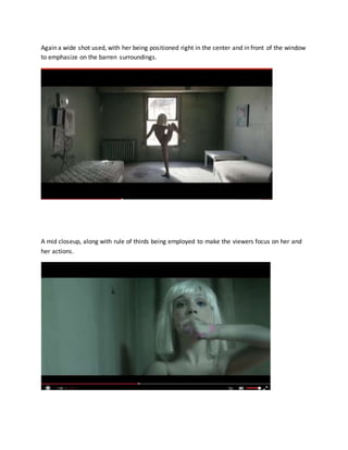 Again a wide shot used, with her being positioned right in the center and in front of the window
to emphasize on the barren surroundings.
A mid closeup, along with rule of thirds being employed to make the viewers focus on her and
her actions.
 