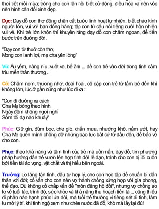 thời tiết mỗi mùa; trông cho con lần hồi biết cử động, điều hòa và nên vóc
nên hình cân đối xinh đẹp.
Dục:Dạydỗ con thơ động chân cất bước linh hoạt tự nhiên; biết chào kính
người lớn, vui với bạn đồng hàng; tập con từ câu nói tiếng cười hồn nhiên
vui vẻ. Khi trẻ lớn khôn thì khuyên răng dạy dỗ con chăm ngoan, để tiến
bước trên đường đời.
"Dạycon từthuở còn thơ,
Mong con lanh lợi, mẹ cha yên lòng"
Vũ: Âu yếm, nâng niu, vuốt ve, bế ẵm ... để con trẻ vào đời trong tình cảm
trìu mến thân thương .
Cố: Chăm nom, thương nhớ, đoái hoài, cố cập con trẻ từ tấm bé đến khi
không lớn, lúc ở gần cũng nhưlúc đi xa :
"Con đi đường xa cách
Cha Mẹ bóng theo hình
Ngàyđêm không ngơi nghỉ
Sớm tối dạ nào khuây"
Phúc: Giữ gìn, đùm bọc, che gió, chắn mưa, nhường khô, nằm ướt, hay
Cha Me quên mình chống đỡ những bạo lực bất cứ từ đầu đến, để bảo vệ
cho con.
Phục: theo khả năng và tâm tính của trẻ mà uốn nắn, dạydỗ, tìm phương
pháp hướng dẫn trẻ vươn lên hợp tình đời lẽ đạo, tránh cho con bị lôi cuốn
bởi tiền tài ảo vọng, vật chất và thị hiếu bên ngoài.
Trưởng: Lo lắng tận tình, đầu tư hợp lý, cho con học tập để chuẩn bị dấn
thân với đời; cố vấn cho con nên vợ thành chồng xứng hợp với gia phong,
thế đạo. Dù không cố chấp vấn đề "môn đăng hộ đối", nhưng vợ chồng so
le về tuổi tác, trình độ, sức khỏe và khả năng thu hoạch tiền tài... cũng thiếu
đi phần nào hạnh phúc lứa đôi, mà tuổi trẻ thường vì tiếng sét ái tình, làm
lu mờ lýtrí, khi tỉnh ngộ xem nhưchén nước đã đổ, khó mà lấylại đủ!
 