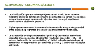 ACTIVIDADES– COLUMNA 1/CELDA 4
• La planificación operativa de un proyecto de desarrollo es un proceso
mediante el cual se definen el conjunto de actividades y tareas relacionadas
secuencialmente que es necesario ejecutar para conseguir resultados
previstos en el diseño del proyecto.
• El plan operativo se constituye en un instrumento de integración gerencial
entre el área de programas o técnica y la administrativa y financiera.
• La elaboración de un plan operativo significa: a) Ordenar las actividades
según las líneas de acción, b) ubicar los resultados esperados - ML - , c)
estimar la duración de cada actividad, d) definir calendario de trabajo, e)
determinar los responsables por actividad y tarea, y f) definir los costos por
actividad.
 