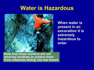 Water is Hazardous When water is present in an excavation it is extremely hazardous to enter Note that these workers are not wearing hardhats to protect them from materials falling into the trench 