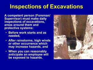 Inspections of Excavations A competent person (Foreman/Supervisor) must make daily inspections of excavations, areas around them and protective systems:  Before work starts and as needed,  After rainstorms, high winds  or other occurrence which may increase hazards, and  When you can reasonably anticipate an employee will be exposed to hazards. 
