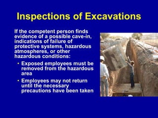 Inspections of Excavations If the competent person finds evidence of a possible cave-in, indications of failure of protective systems, hazardous atmospheres, or other hazardous conditions: Exposed employees must be removed from the hazardous area Employees may not return until the necessary precautions have been taken 