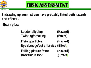 In drawing up your list you have probably listed both hazards and effects - Examples: Ladder slipping    (Hazard) Twisting/breaking   (Effect) Flying particles (Hazard) Eye damage/cut or bruise (Effect ) Falling picture frame  (Hazard) Broken/cut foot   (Effect ) 