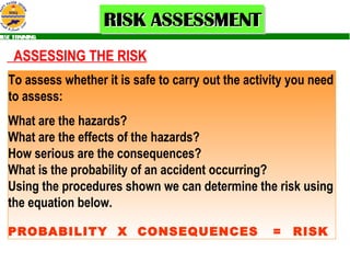 ASSESSING THE RISK To assess whether it is safe to carry out the activity you need to assess: What are the hazards? What are the effects of the hazards? How serious are the consequences? What is the probability of an accident occurring? Using the procedures shown we can determine the risk using the equation below. PROBABILITY  X  CONSEQUENCES  =  RISK 