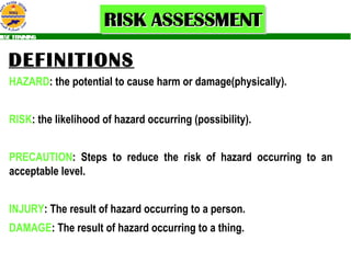 DEFINITIONS HAZARD : the potential to cause harm or damage(physically). RISK : the likelihood of hazard occurring (possibility). PRECAUTION : Steps to reduce the risk of hazard occurring to an acceptable level. INJURY : The result of hazard occurring to a person. DAMAGE : The result  of  hazard occurring to a thing.   
