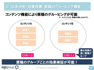⑨[広告分析・効果改善]原稿のグルーピング機能

コンテンツ機能により原稿のグルーピングが可能
                                                          ※ コンテンツとは、原稿を分類したものです。



    コンテンツＡ                                                 コンテンツＢ

     原稿１
                                                              原稿４
     原稿２
                                                              原稿５
     原稿３


                                                                         最も効果の
                                                                         良い原稿グ
     ＣＶＲ=1.0                                                 ＣＶＲ=1.5     ループ

   原稿のグループごとの効果検証が可能！
               ©2011 ngi group inc. All Rights Reserved                            16
 