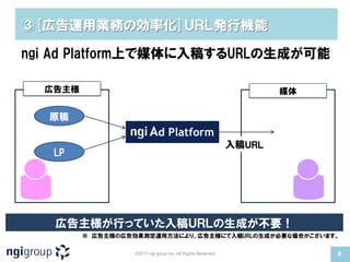 ③[広告運用業務の効率化]ＵＲＬ発行機能

ngi Ad Platform上で媒体に入稿するURLの生成が可能

  広告主様                                                               媒体

  原稿

                                                             入稿ＵＲＬ
   LP




   広告主様が行っていた入稿ＵＲＬの生成が不要！
         ※ 広告主様の広告効果測定運用方法により、広告主様にて入稿URLの生成が必要な場合がございます。

                  ©2011 ngi group inc. All Rights Reserved                8
 