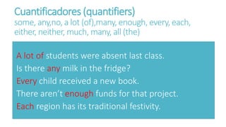 Cuantificadores (quantifiers)
some, any,no, a lot (of),many, enough, every, each,
either, neither, much, many, all (the)
A lot of students were absent last class.
Is there any milk in the fridge?
Every child received a new book.
There aren’t enough funds for that project.
Each region has its traditional festivity.
 