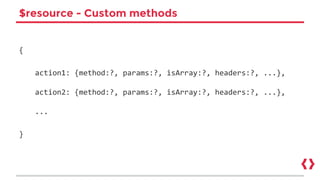 $resource - Custom methods
{
action1: {method:?, params:?, isArray:?, headers:?, ...},
action2: {method:?, params:?, isArray:?, headers:?, ...},
...
}
 