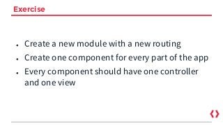 ● Create a new module with a new routing
● Create one component for every part of the app
● Every component should have one controller
and one view
Exercise
 