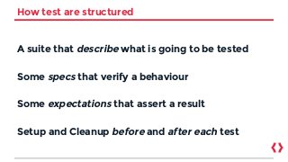 How test are structured
A suite that describe what is going to be tested
Some specs that verify a behaviour
Some expectations that assert a result
Setup and Cleanup before and after each test
 