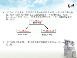 总结 1 、对于中、小型企业，如果没有资金去购买昂贵的四 / 七层负载均衡交换机，那么 Nginx 是不错的七层负载均衡选择，并且可以通过  Nginx + Keepalived  实现  Nginx  负载均衡器双机互备，任意一台机器发生故障，对方都能够将虚拟 IP 接管过去。 2 、对于有资金购买四 / 七层负载均衡交换机的大型网站， Nginx 也有其用武之地。 