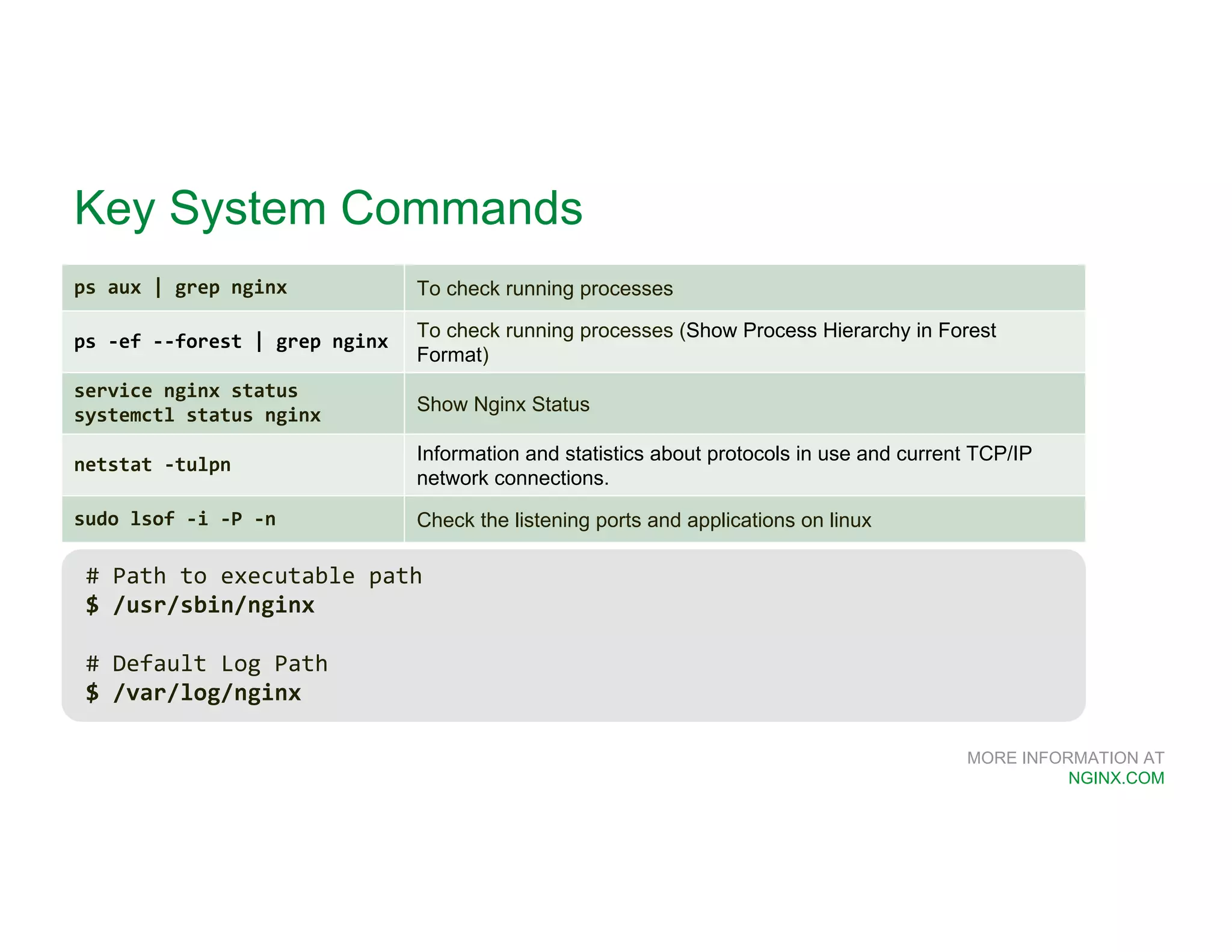 MORE INFORMATION AT NGINX.COM Key System Commands ps aux | grep nginx To check running processes ps -ef --forest | grep nginx To check running processes (Show Process Hierarchy in Forest Format) service nginx status systemctl status nginx Show Nginx Status netstat -tulpn Information and statistics about protocols in use and current TCP/IP network connections. sudo lsof -i -P -n Check the listening ports and applications on linux # Path to executable path $ /usr/sbin/nginx # Default Log Path $ /var/log/nginx 