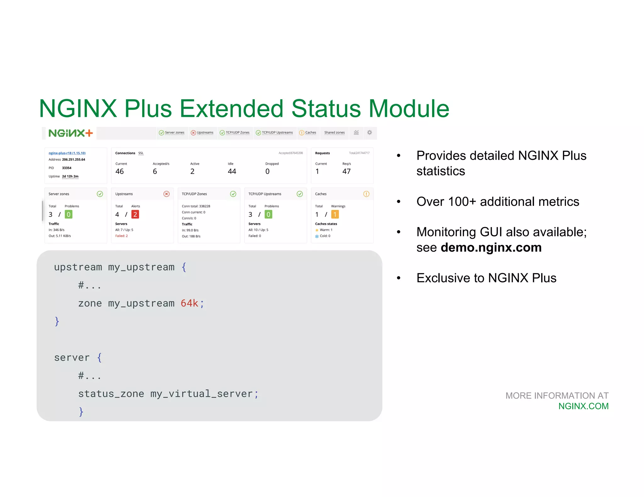 MORE INFORMATION AT NGINX.COM NGINX Plus Extended Status Module • Provides detailed NGINX Plus statistics • Over 100+ additional metrics • Monitoring GUI also available; see demo.nginx.com • Exclusive to NGINX Plus upstream my_upstream { #... zone my_upstream 64k; } server { #... status_zone my_virtual_server; } 