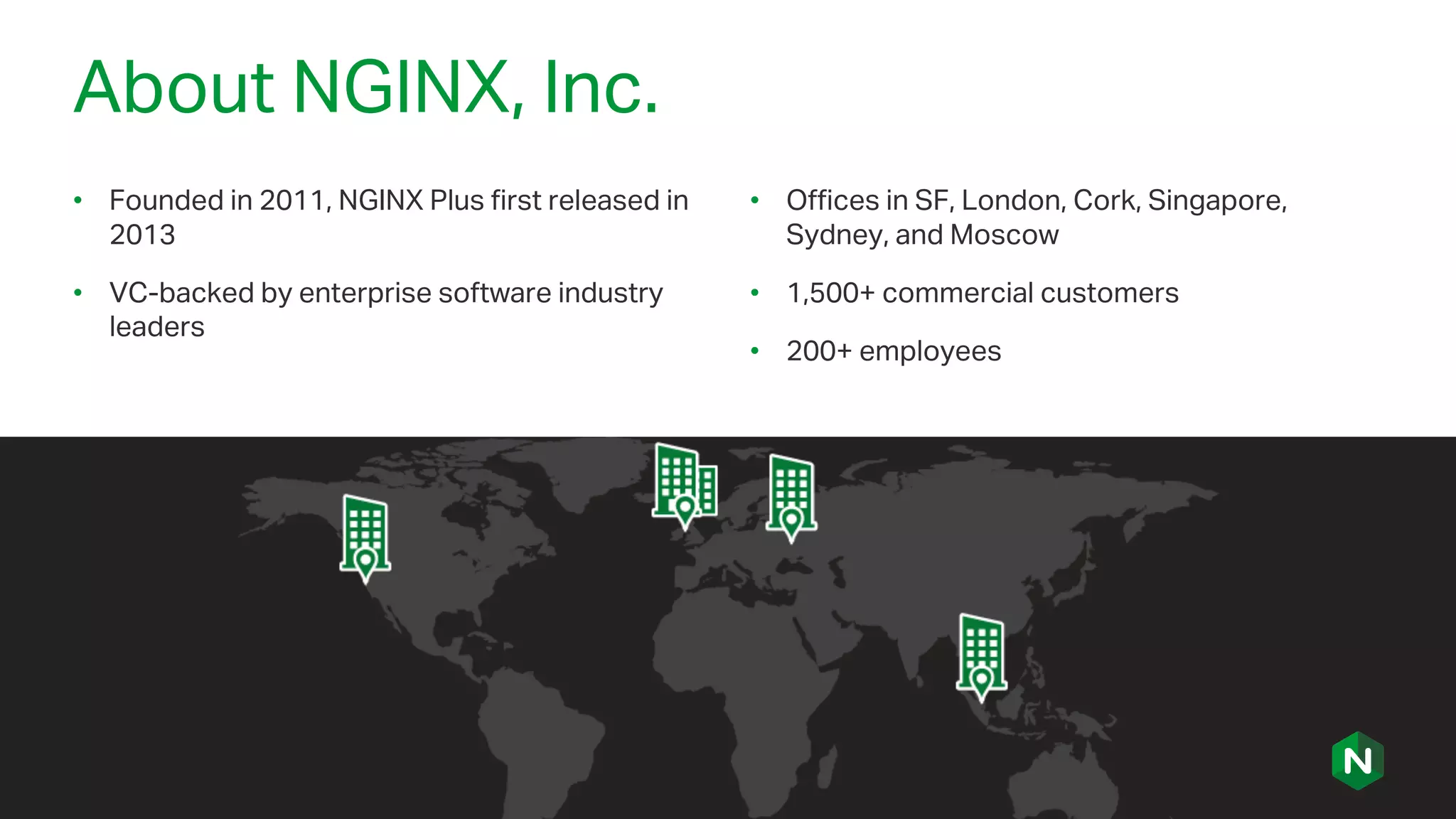 About NGINX, Inc.
• Founded in 2011, NGINX Plus first released in
2013
• VC-backed by enterprise software industry
leaders
• Offices in SF, London, Cork, Singapore,
Sydney, and Moscow
• 1,500+ commercial customers
• 200+ employees
 