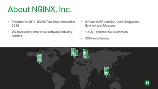 About NGINX, Inc.
• Founded in 2011, NGINX Plus first released in
2013
• VC-backed by enterprise software industry
leaders
• Offices in SF, London, Cork, Singapore,
Sydney, and Moscow
• 1,500+ commercial customers
• 200+ employees
 