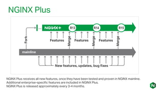 NGINX Plus
NGINX Plus receives all new features, once they have been tested and proven in NGINX mainline.
Additional enterprise-specific features are included in NGINX Plus.
NGINX Plus is released approximately every 3-4 months.
R13 R14 R15
 