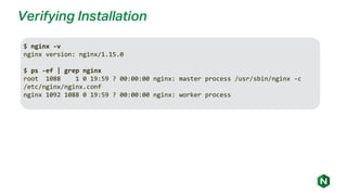 Verifying Installation
$ nginx -v
nginx version: nginx/1.15.0
$ ps -ef | grep nginx
root 1088 1 0 19:59 ? 00:00:00 nginx: master process /usr/sbin/nginx -c
/etc/nginx/nginx.conf
nginx 1092 1088 0 19:59 ? 00:00:00 nginx: worker process
 