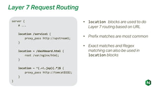 Layer 7 Request Routing
server {
# ...
location /service1 {
proxy_pass http://upstream1;
}
location = /dashboard.html {
root /var/nginx/html;
}
location ~ ^(.+.jsp)(.*)$ {
proxy_pass http://tomcat$1$2;
}
}
• location blocks are used to do
Layer 7 routing based on URL
• Prefix matches are most common
• Exact matches and Regex
matching can also be used in
location blocks
 
