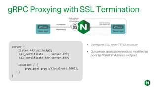 gRPC Proxying with SSL Termination
server {
listen 443 ssl http2;
ssl_certificate server.crt;
ssl_certificate_key server.key;
location / {
grpc_pass grpc://localhost:50051;
}
}
• Configure SSL and HTTP/2 as usual
• Go sample application needs to modified to
point to NGINX IP Address and port.
 