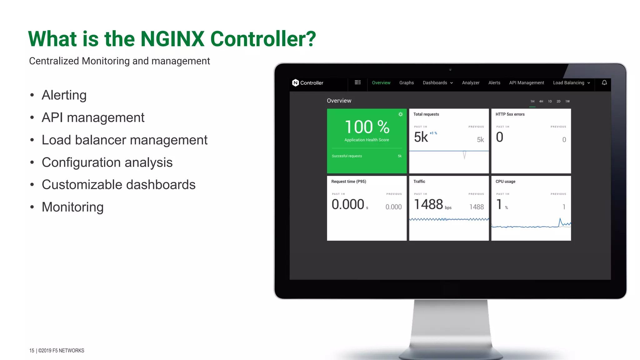 | ©2019 F5 NETWORKS​15 • Alerting • API management • Load balancer management • Configuration analysis • Customizable dashboards • Monitoring Centralized Monitoring and management What is the NGINX Controller? 