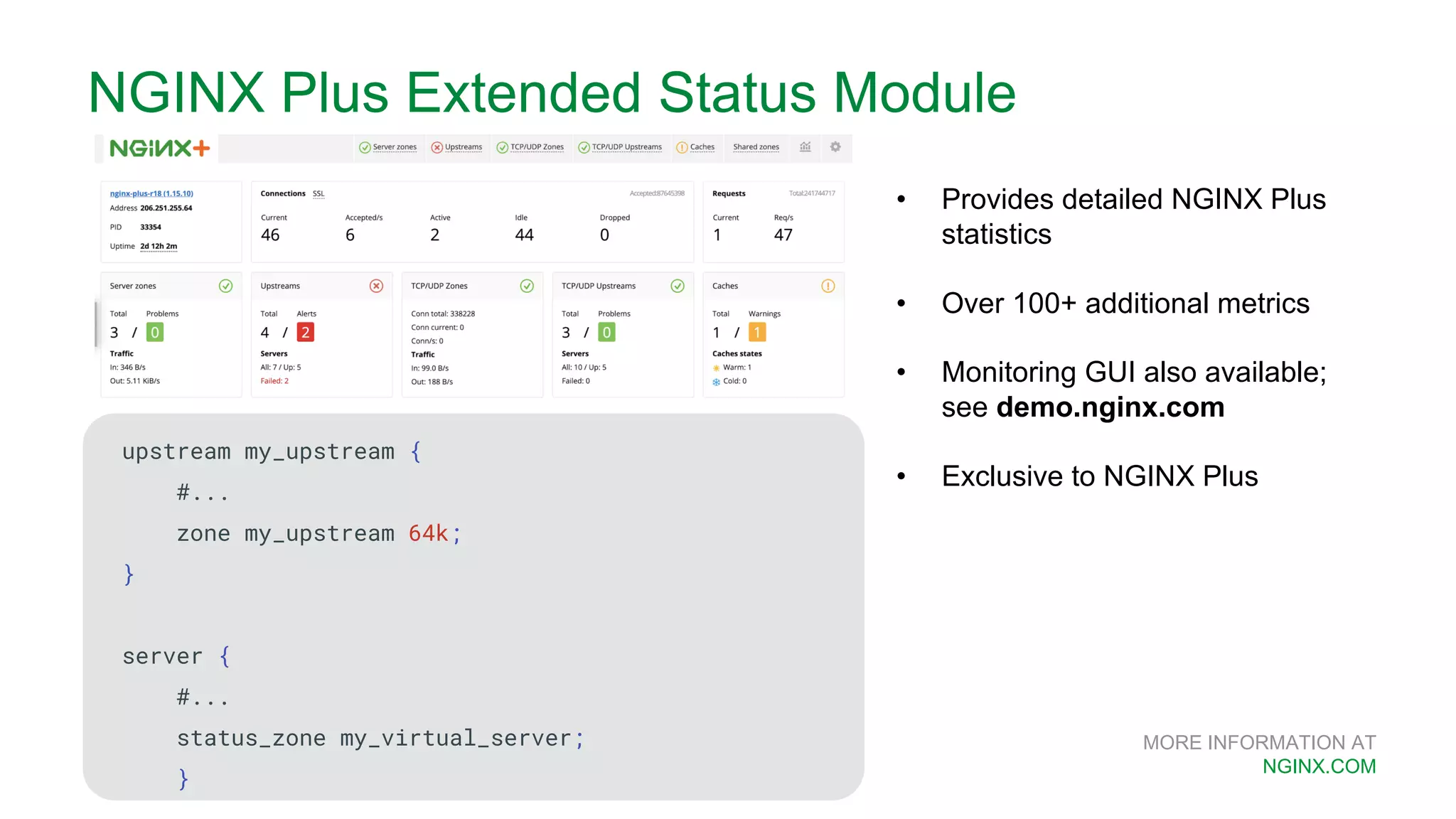 MORE INFORMATION AT NGINX.COM NGINX Plus Extended Status Module • Provides detailed NGINX Plus statistics • Over 100+ additional metrics • Monitoring GUI also available; see demo.nginx.com • Exclusive to NGINX Plus upstream my_upstream { #... zone my_upstream 64k; } server { #... status_zone my_virtual_server; } 