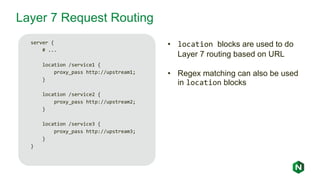 Layer 7 Request Routing
server {
# ...
location /service1 {
proxy_pass http://upstream1;
}
location /service2 {
proxy_pass http://upstream2;
}
location /service3 {
proxy_pass http://upstream3;
}
}
• location blocks are used to do
Layer 7 routing based on URL
• Regex matching can also be used
in location blocks
 