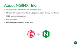 About NGINX, Inc.
• Founded in 2011, NGINX Plus first released in 2013
• Offices in SF, London, Cork, Moscow, Singapore, Japan, Sydney, and Moscow
• 1,500+ commercial customers
• 200+ employees
• Acquired by F5 Networks in May 2019
+
 
