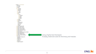 32
Using a Python test framework
To easily create test cases for the binary and modules
 