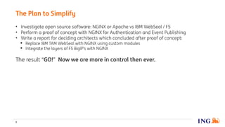 • Investigate open source software: NGINX or Apache vs IBM WebSeal / F5
• Perform a proof of concept with NGINX for Authentication and Event Publishing
• Write a report for deciding architects which concluded after proof of concept:
 Replace IBM TAM WebSeal with NGINX using custom modules
 Integrate the layers of F5 BigIP’s with NGINX
The result “GO!” Now we are more in control then ever.
The Plan to Simplify
9
 