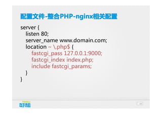 配置文件 -整合PHP-nginx相关配置
配置文件-整合PHP-nginx
PHP-nginx相关配置
server {
listen 80;
server_name www.domain.com;
location ~ .php$ {
fastcgi_pass 127.0.0.1:9000;
fastcgi_index index.php;
include fastcgi_params;
}
}

19

 