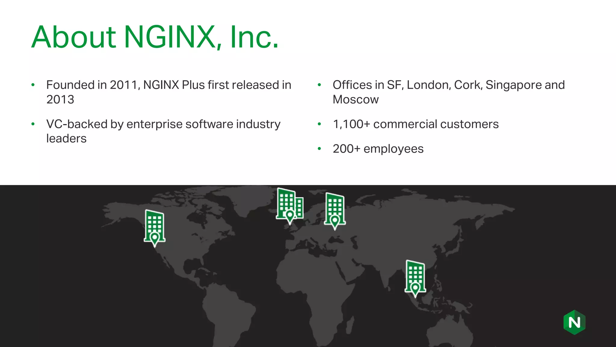 About NGINX, Inc.
• Founded in 2011, NGINX Plus first released in
2013
• VC-backed by enterprise software industry
leaders
• Offices in SF, London, Cork, Singapore and
Moscow
• 1,100+ commercial customers
• 200+ employees
 