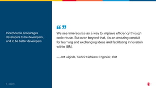 ©2022 F5
11 ©2022 F5
11
We see innersource as a way to improve efficiency through
code reuse. But even beyond that, it's an amazing conduit
for learning and exchanging ideas and facilitating innovation
within IBM.
— Jeff Jagoda, Senior Software Engineer, IBM
InnerSource encourages
developers to be developers,
and to be better developers
 