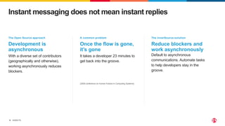 ©2022 F5
8
Instant messaging does not mean instant replies
It takes a developer 23 minutes to
get back into the groove.
(2008 conference on Human Factors in Computing Systems)
With a diverse set of contributors
(geographically and otherwise),
working asynchronously reduces
blockers.
Default to asynchronous
communications. Automate tasks
to help developers stay in the
groove.
The Open Source approach
Development is
asynchronous
A common problem
Once the flow is gone,
it’s gone
The InnerSource solution
Reduce blockers and
work asynchronously
 