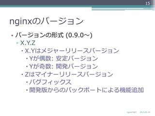 nginxのバージョン
•  バージョンの形式  (0.9.0〜～)
▫  X.Y.Z
– X.Yはメジャーリリースバージョン
– Yが偶数:  安定バージョン
– Yが奇数:  開発バージョン
– Zはマイナーリリースバージョン
– バグフィックス
– 開発版からのバックポートによる機能追加
2013-‐‑‒05-‐‑‒18nginxの紹介
15
 