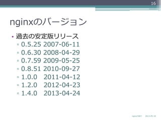 nginxのバージョン
•  過去の安定版リリース
▫  0.5.25  2007-‐‑‒06-‐‑‒11
▫  0.6.30  2008-‐‑‒04-‐‑‒29
▫  0.7.59  2009-‐‑‒05-‐‑‒25
▫  0.8.51  2010-‐‑‒09-‐‑‒27
▫  1.0.0      2011-‐‑‒04-‐‑‒12
▫  1.2.0      2012-‐‑‒04-‐‑‒23
▫  1.4.0      2013-‐‑‒04-‐‑‒24
2013-‐‑‒05-‐‑‒18nginxの紹介
16
 