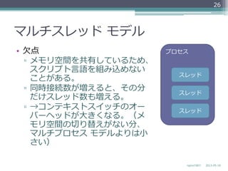 マルチスレッド  モデル
•  ⽋欠点
▫  メモリ空間を共有しているため、
スクリプト⾔言語を組み込めない
ことがある。
▫  同時接続数が増えると、その分
だけスレッド数も増える。
▫  →コンテキストスイッチのオー
バーヘッドが⼤大きくなる。（メ
モリ空間の切切り替えがない分、
マルチプロセス  モデルよりは⼩小
さい）
2013-‐‑‒05-‐‑‒18nginxの紹介
26
プロセス
スレッド
スレッド
スレッド
 