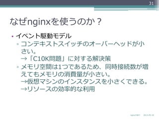 なぜnginxを使うのか？
•  イベント駆動モデル
▫  コンテキストスイッチのオーバーヘッドが⼩小
さい。
→「C10K問題」に対する解決策
▫  メモリ空間は1つであるため、同時接続数が増
えてもメモリの消費量量が⼩小さい。
→仮想マシンのインスタンスを⼩小さくできる。
→リソースの効率率率的な利利⽤用
2013-‐‑‒05-‐‑‒18nginxの紹介
31
 