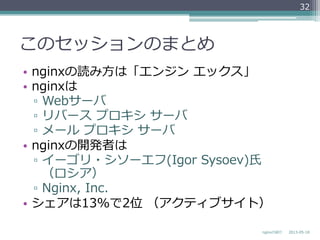 このセッションのまとめ
•  nginxの読み⽅方は「エンジン  エックス」
•  nginxは
▫  Webサーバ
▫  リバース  プロキシ  サーバ
▫  メール  プロキシ  サーバ
•  nginxの開発者は
▫  イーゴリ・シソーエフ(Igor  Sysoev)⽒氏
（ロシア）
▫  Nginx,  Inc.
•  シェアは13%で2位  （アクティブサイト）
2013-‐‑‒05-‐‑‒18nginxの紹介
32
 