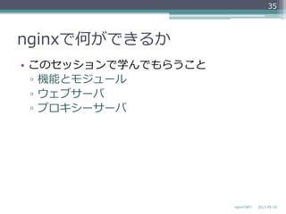 nginxで何ができるか
•  このセッションで学んでもらうこと
▫  機能とモジュール
▫  ウェブサーバ
▫  プロキシーサーバ
2013-‐‑‒05-‐‑‒18nginxの紹介
35
 