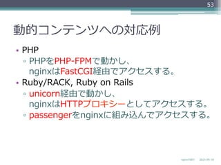 動的コンテンツへの対応例例
•  PHP
▫  PHPをPHP-‐‑‒FPMで動かし、
nginxはFastCGI経由でアクセスする。
•  Ruby/RACK,  Ruby  on  Rails
▫  unicorn経由で動かし、
nginxはHTTPプロキシーとしてアクセスする。
▫  passengerをnginxに組み込んでアクセスする。
2013-‐‑‒05-‐‑‒18nginxの紹介
53
 