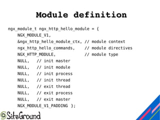 Module definitionModule definition
ngx_module_t ngx_http_hello_module = {
NGX_MODULE_V1,
&ngx_http_hello_module_ctx, // module context
ngx_http_hello_commands, // module directives
NGX_HTTP_MODULE, // module type
NULL, // init master
NULL, // init module
NULL, // init process
NULL, // init thread
NULL, // exit thread
NULL, // exit process
NULL, // exit master
NGX_MODULE_V1_PADDING };
 