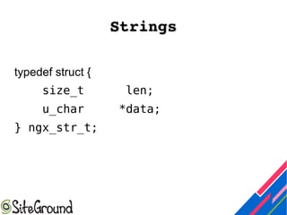 StringsStrings
typedef struct {
size_t len;
u_char *data;
} ngx_str_t;
 