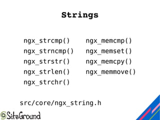 StringsStrings
ngx_strcmp() ngx_memcmp()
ngx_strncmp() ngx_memset()
ngx_strstr() ngx_memcpy()
ngx_strlen() ngx_memmove()
ngx_strchr()
src/core/ngx_string.h
 