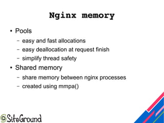 Nginx memoryNginx memory
● Pools
– easy and fast allocations
– easy deallocation at request finish
– simplify thread safety
● Shared memory
– share memory between nginx processes
– created using mmpa()
 